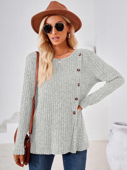 Ribbed Buttoned Round Neck Slit T-Shirt