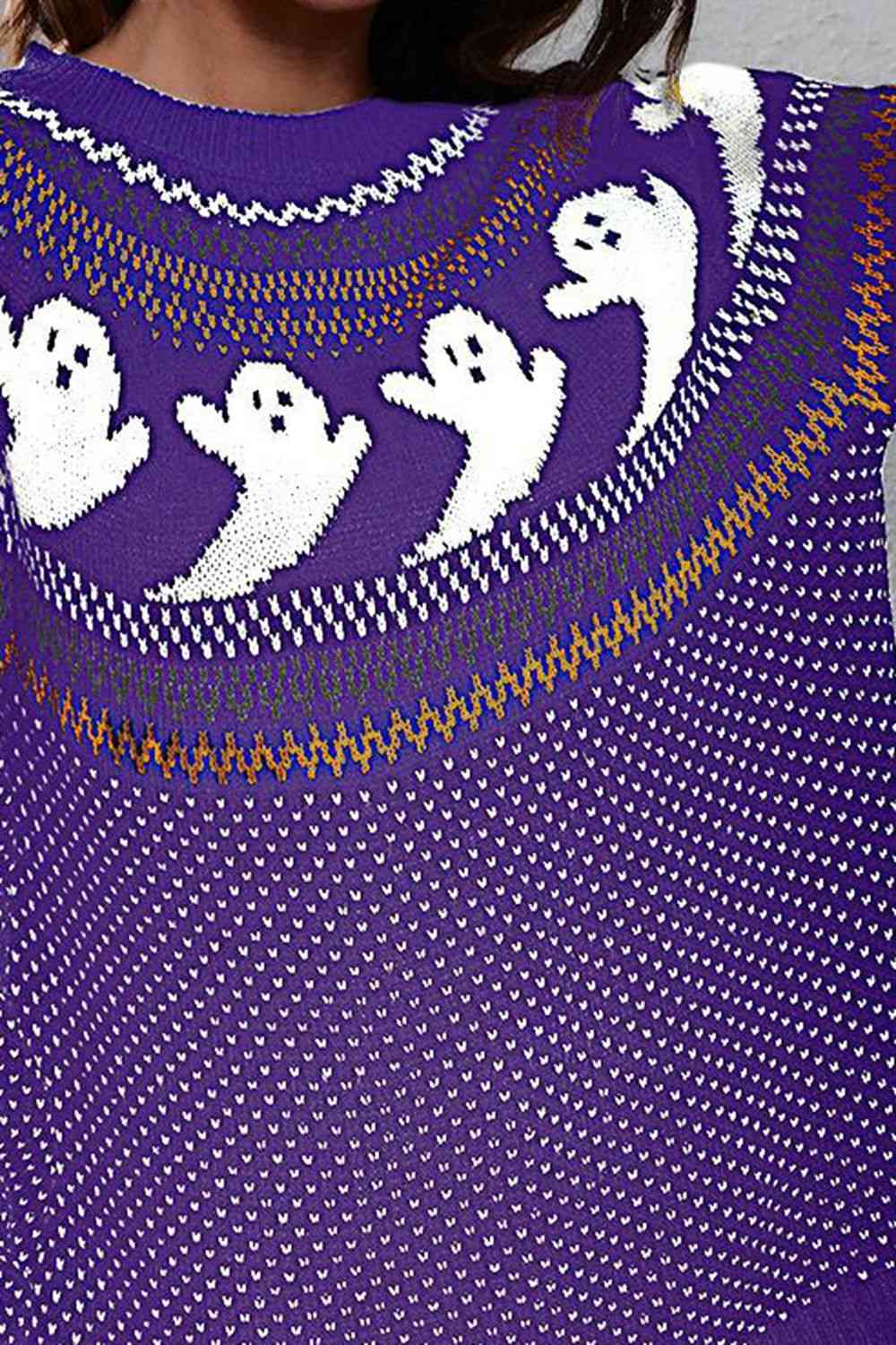 Ghost Pattern Round Neck Long Sleeve Sweater, MyriadMart