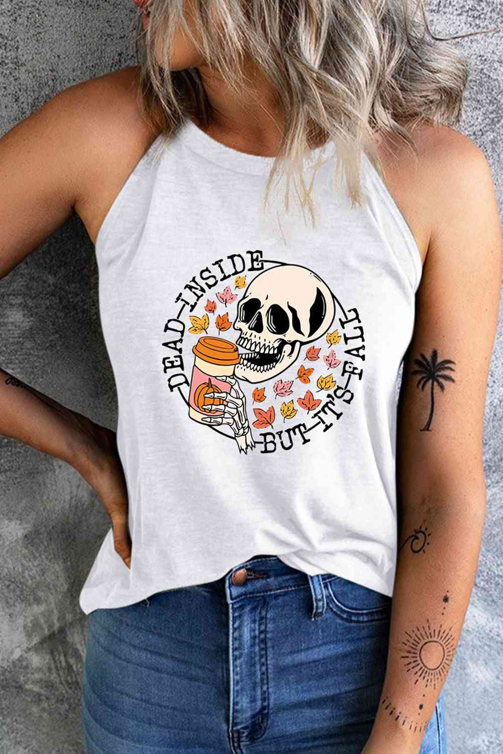 Round Neck DEAD INSIDE BUT IT'S FALL Graphic Tank Top, MyriadMart