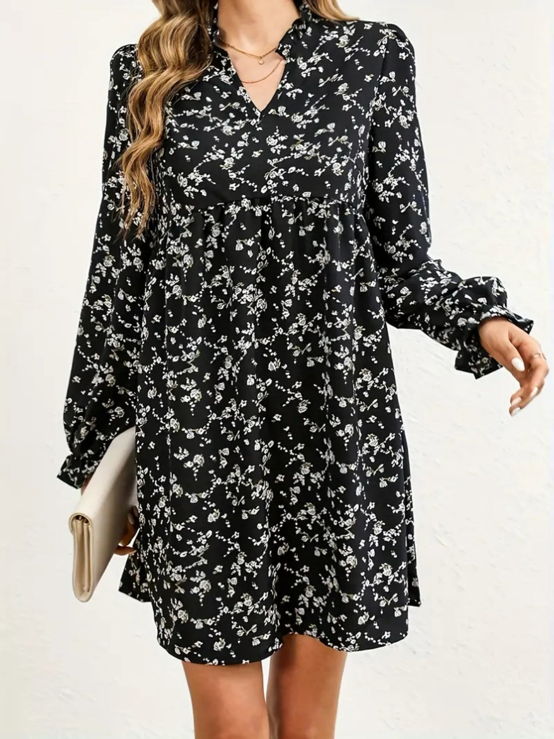 Ditsy Floral Notched Flounce Sleeve Dress