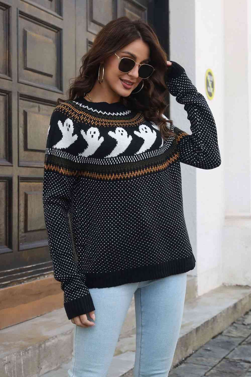 Ribbed Round Neck Long Sleeve Pullover Sweater, MyriadMart