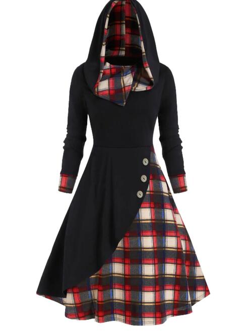 Plus Size Plaid Buttoned Long Sleeve Hooded Dress
