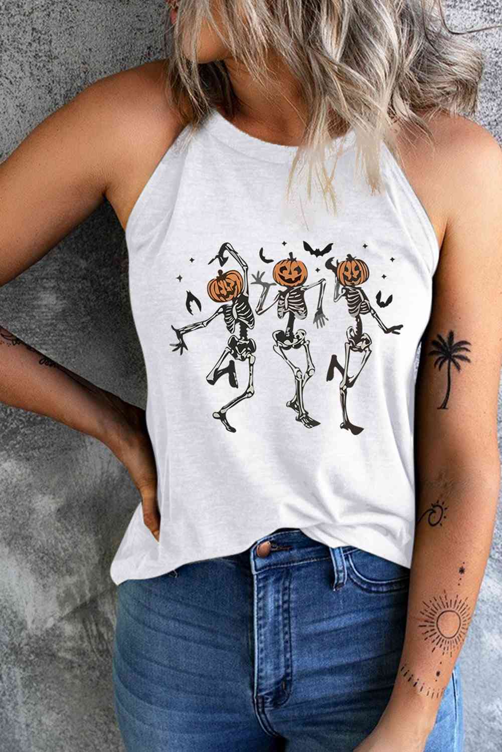 Round Neck Dancing Pumpkin Head Skeleton Graphic Tank, MyriadMart