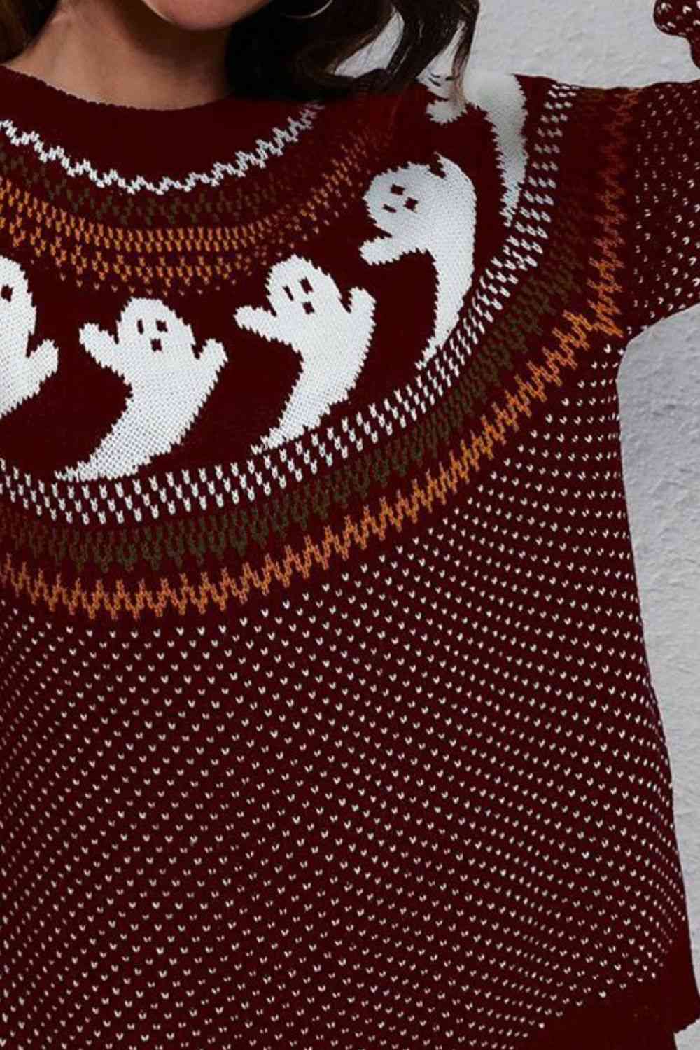 Ghost Pattern Round Neck Long Sleeve Sweater, MyriadMart