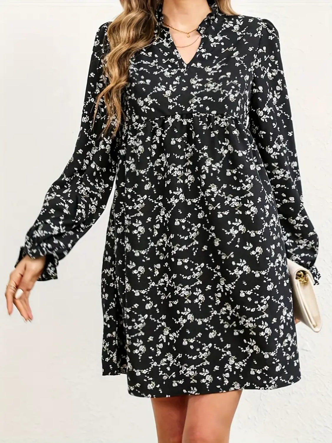 Ditsy Floral Notched Flounce Sleeve Dress