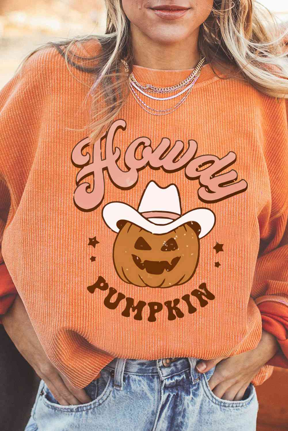 HOWDY Pumpkin Graphic Ribbed Sweatshirt, MyriadMart