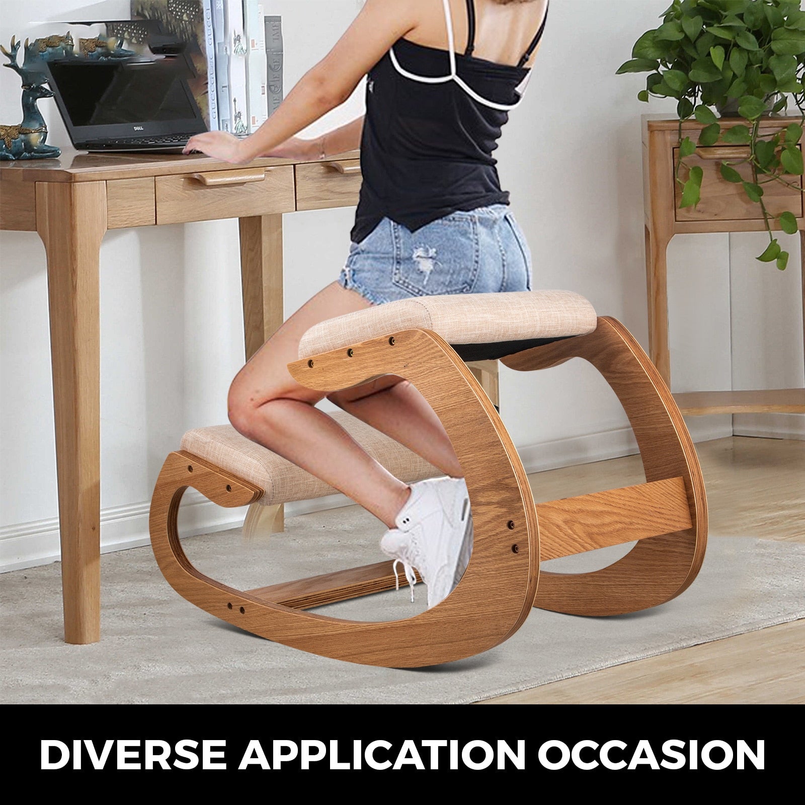 VEVOR Ergonomic Rocking Wooden Kneeling Chair Stool Correct Posture Computer Chair Original Home Office Furniture Thick Cushion