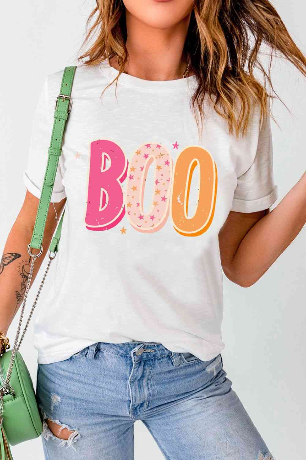 Round Neck Short Sleeve BOO Graphic T-Shirt, MyriadMart