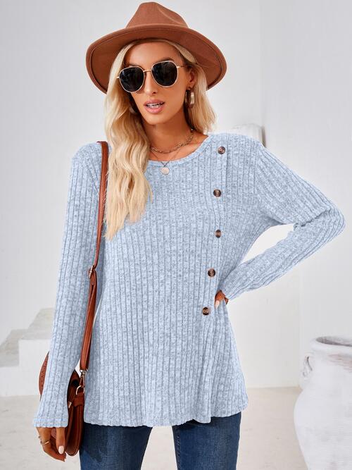 Ribbed Buttoned Round Neck Slit T-Shirt