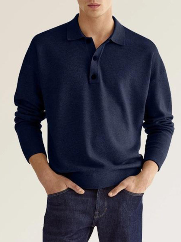 Long Sleeve V Neck Button Men's Casual Top Polo Shirt