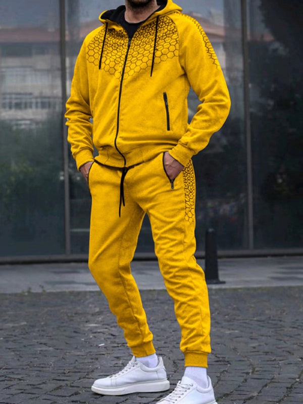 Men's Zipper Hooded Cardigan Jacket Honeycomb Print Casual Sweatshirt Trousers Set