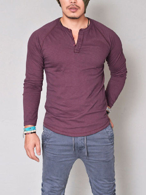 Round Neck Button Long Sleeve T-Shirt Men's Solid Color T-Shirt