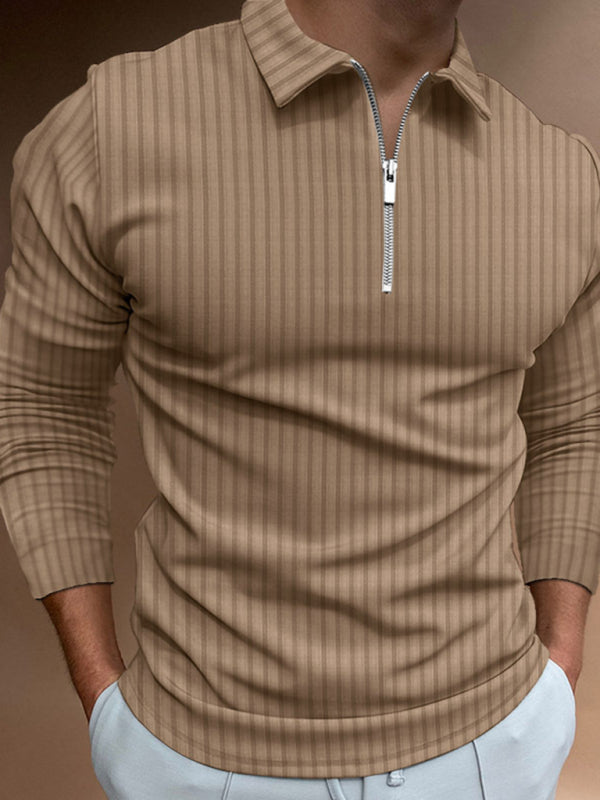 Men's solid color zipper striped long-sleeved POLO shirt