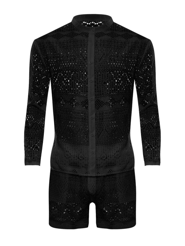 Men's Solid Color Lace Long Sleeve Shirt With Matching Shorts Summer Sportswear