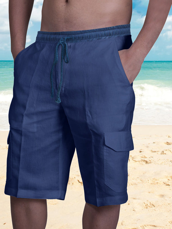 Linen Shorts Multi Pocket Tether Men's Beach Cargo Pants