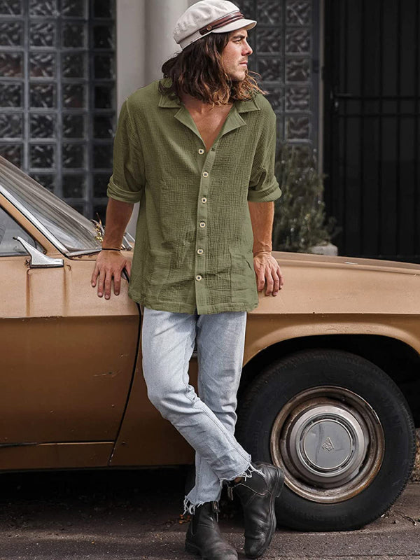 Men's Loose Plus Size Casual Lapel Long Sleeve Shirt Solid Color Shirt