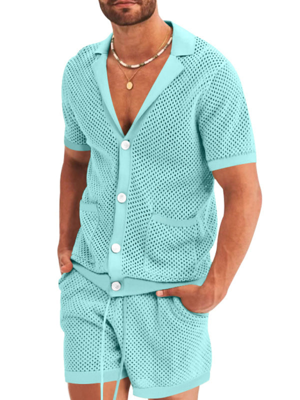 Short-sleeved shorts Knit lapel cardigan Short-sleeved men's suit