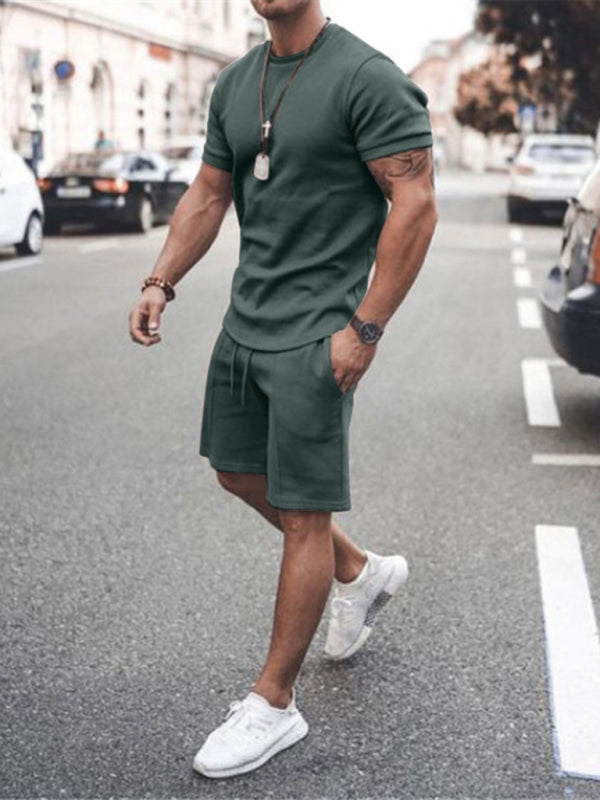 New Men's Casual Solid Color Short Sleeve Shorts Two-Piece Set