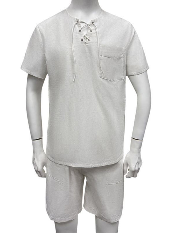 Men's new casual solid color lace-up beach cotton and linen suit