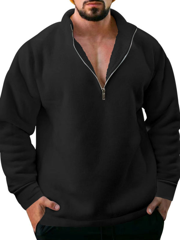 New men's fleece stand collar loose casual half zipper solid color hoodie