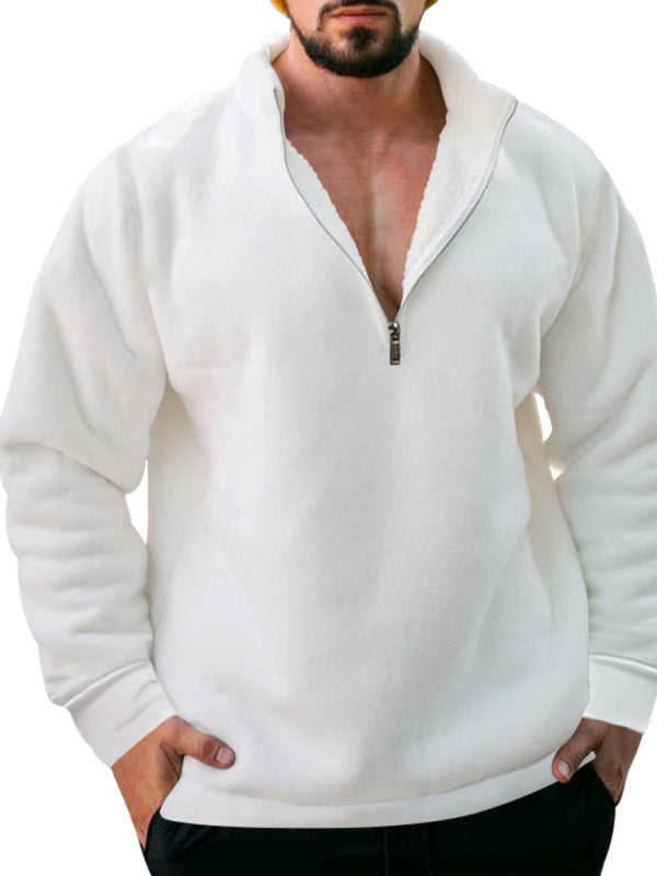 New men's fleece stand collar loose casual half zipper solid color hoodie
