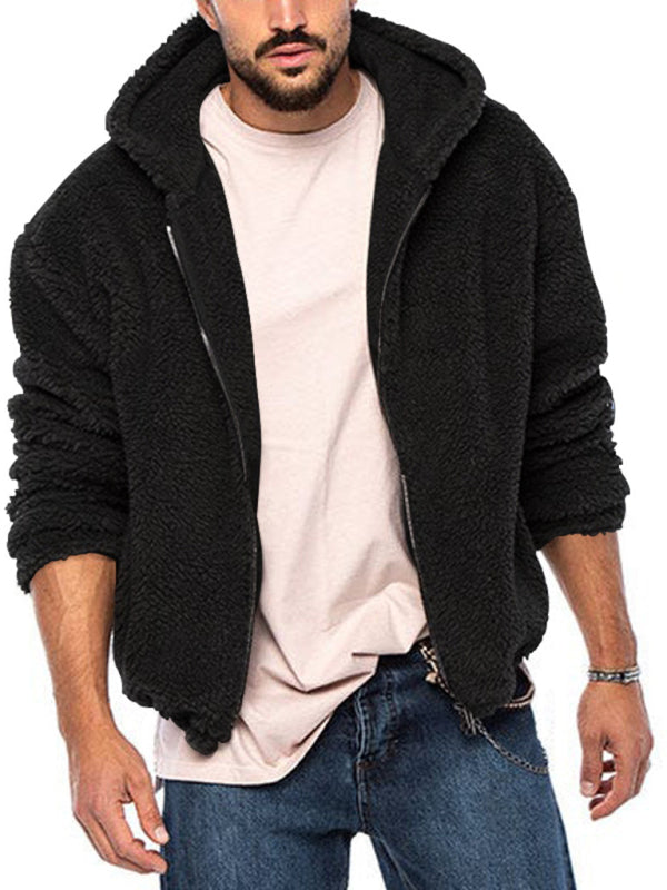 Men's double-sided arctic velvet hooded solid color warm zipper jacket