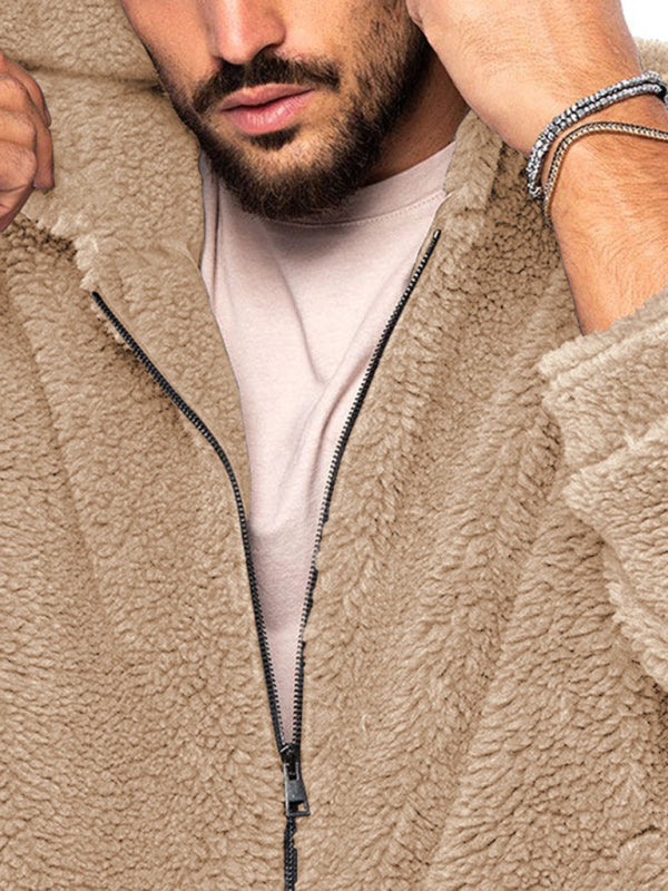 Men's double-sided arctic velvet hooded solid color warm zipper jacket
