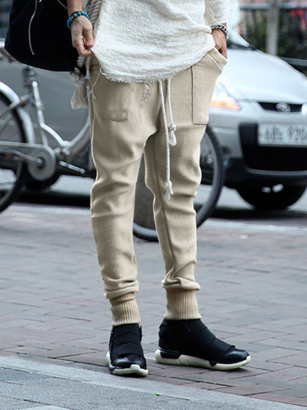 Men's casual loose leg drawstring personalized color block knitted trousers