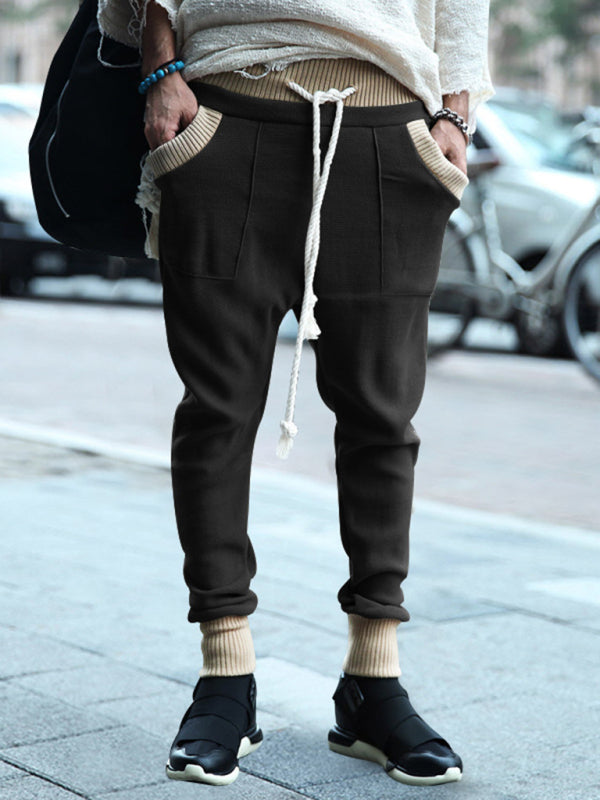 Men's casual loose leg drawstring personalized color block knitted trousers
