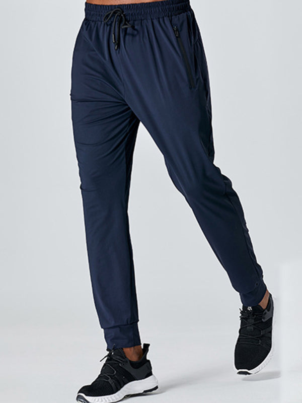 Men's quick-drying elastic casual fitness training zipper trousers