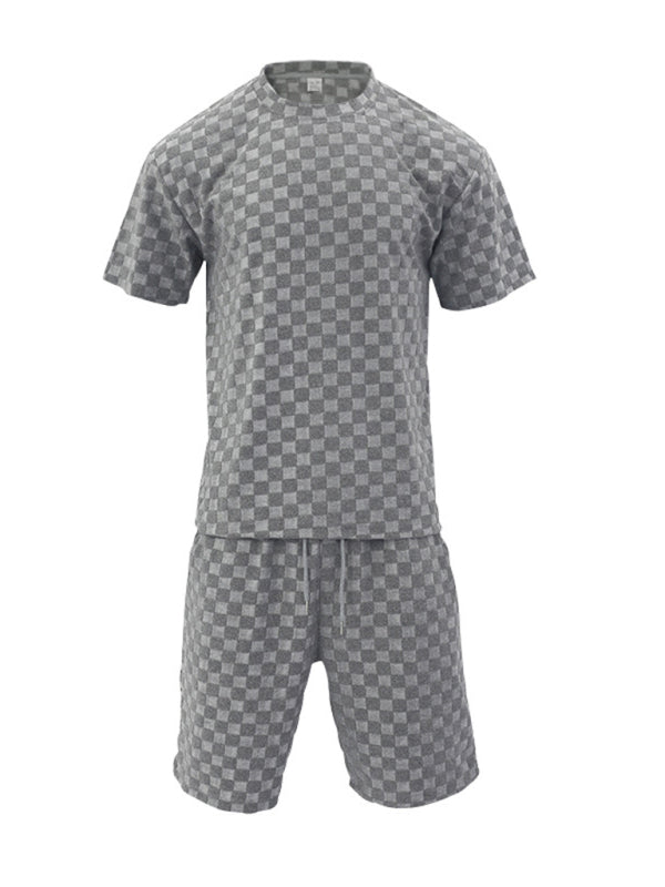 Men's jacquard checkerboard spring and summer loose sports and leisure two-piece suit