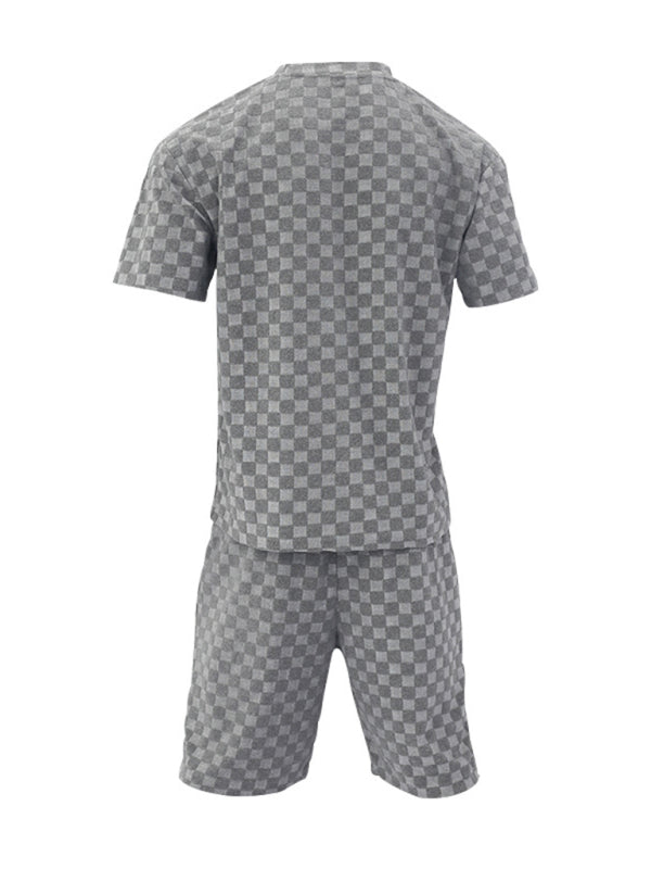 Men's jacquard checkerboard spring and summer loose sports and leisure two-piece suit