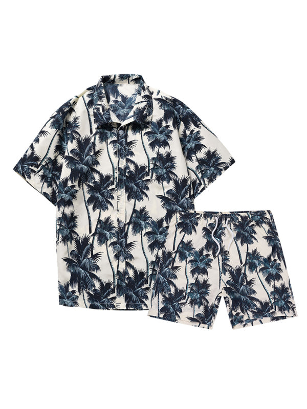 Men's Hawaiian Palm Tree Print Short Sleeve Button-Up Shirt and Short Sets