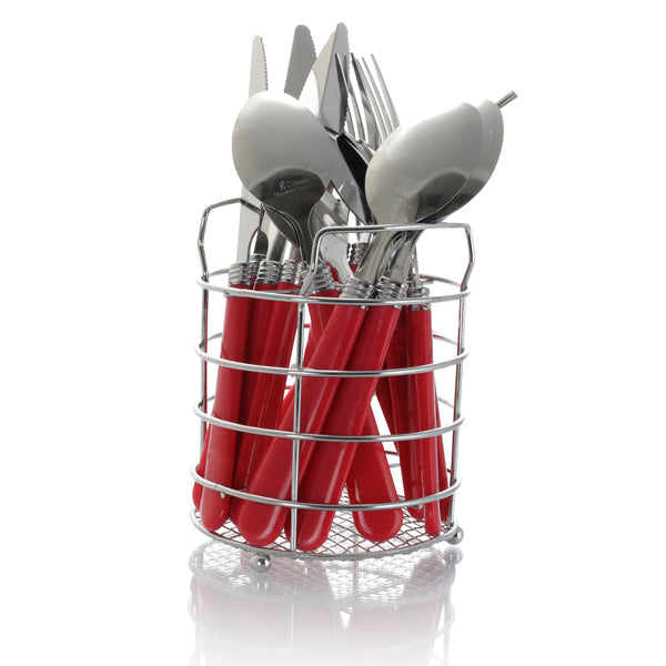 Gibson Sensations II 16 Piece Stainless Steel Flatware Set with Red Handles and Chrome Caddy - MyriadMart