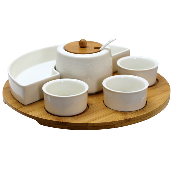 Elama Signature 8 Piece Appetizer Serving Set with 4 Serving Dishes, Center Condiment Server, Spoon, and Bamboo Serving Tray - MyriadMart
