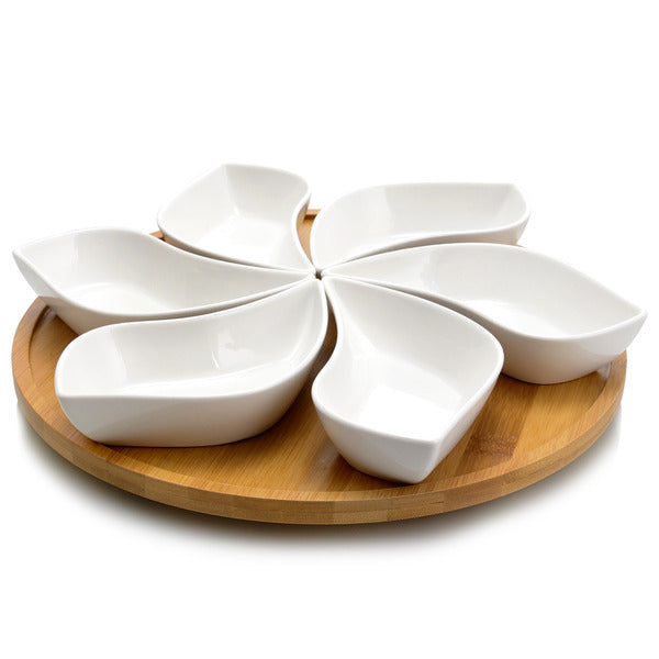 Elama Signature Modern 13.5 Inch 7pc Lazy Susan Appetizer and Condiment Server Set with 6 Unique Design Serving Dishes and a Bamboo Lazy Suzan Serving Tray - MyriadMart