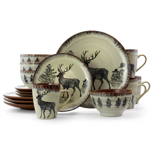 Elama Majestic Elk 16 Piece Luxurious Stoneware Dinnerware with Complete Setting for 4 - MyriadMart