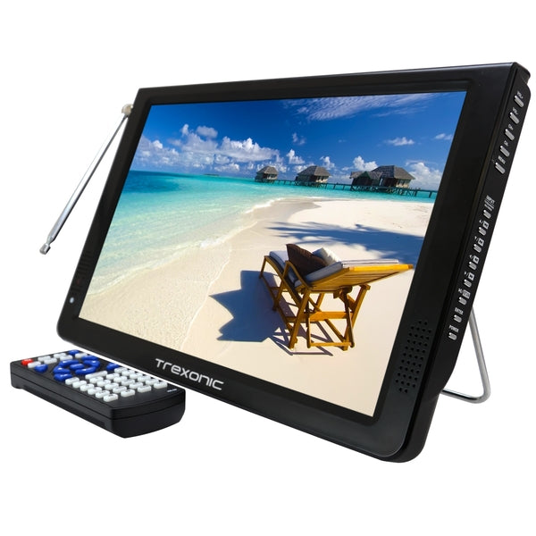 Trexonic Ultra Lightweight Rechargeable Widescreen 12" LED Portable TV with HDMI, SD, MMC, USB, VGA, Headphone Jack, AV Inputs and Output and Built-in Digital Tuner and Detachable Antenna - MyriadMart