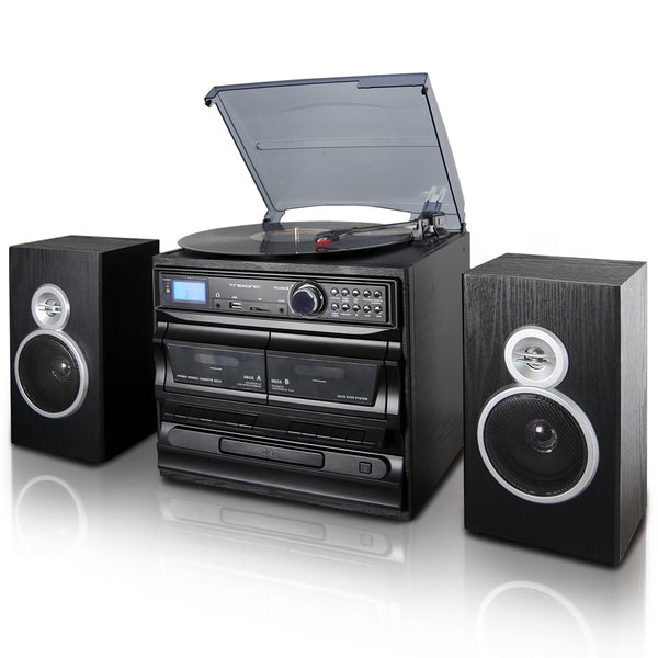 Trexonic 3-Speed Vinyl Turntable Home Stereo System with CD Player, Dual Cassette Player, Bluetooth, FM Radio &amp; USB/SD Recording and Wired Shelf Speakers